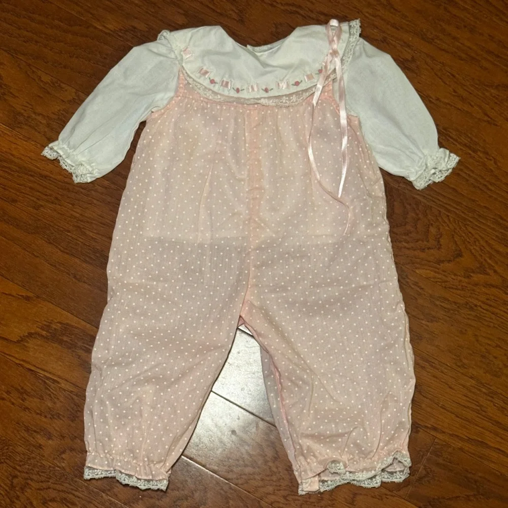 Vintage 1980s Nanette Baby Girl Pink Polka Dot Romper Size Up to 6 Months